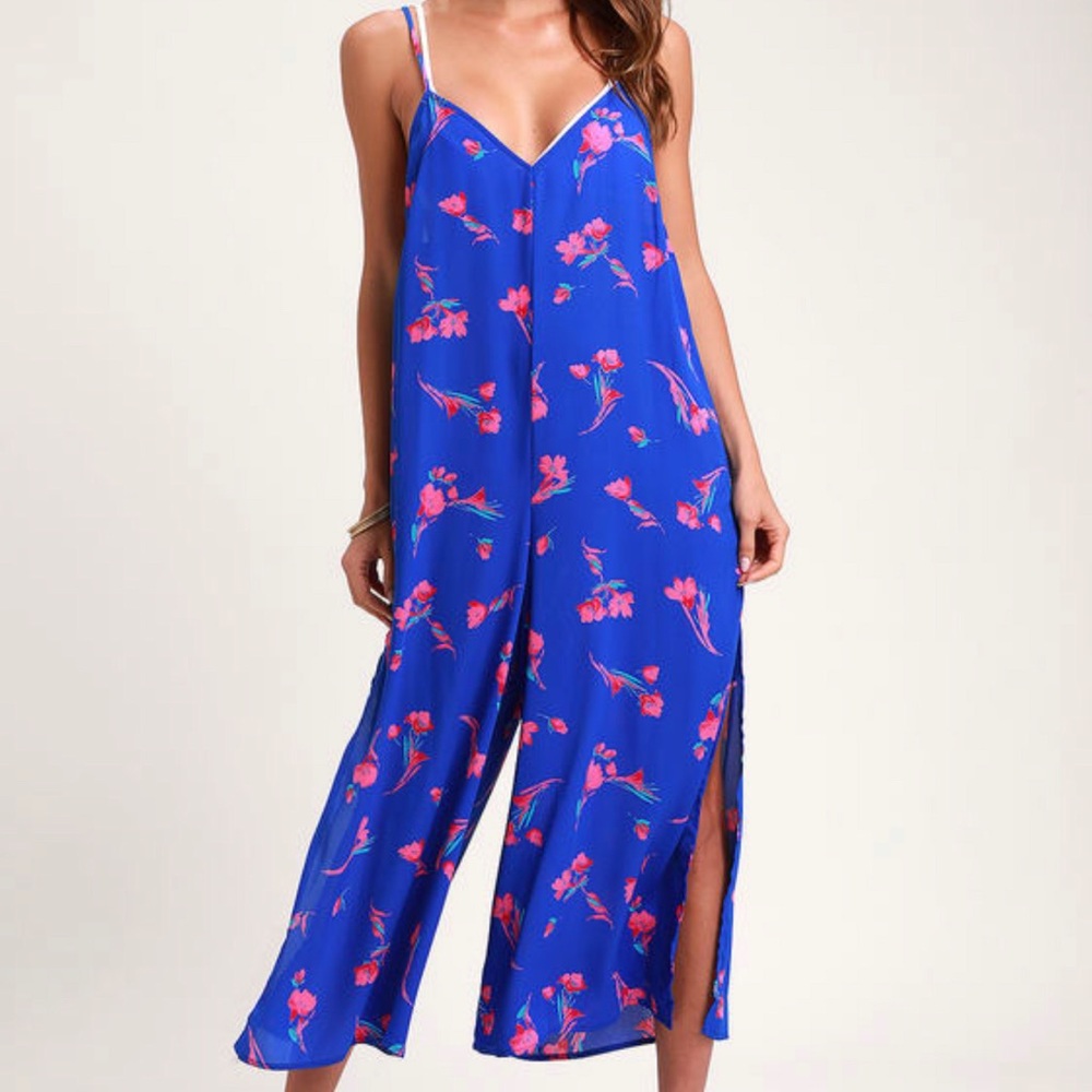 Lulus Tropical Time Cobalt Blue Floral Print Swim Cover-Up Jumpsuit
Size: S